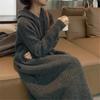 Women Hooded Knit Long Dresses Thick Straight Splice Dress Solid Full Sleeve Casual Loose Vintage Office Lady Autumn Winter