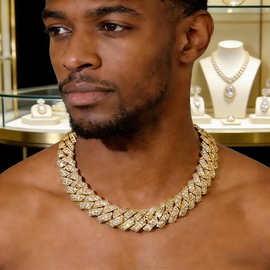 Herrkedja Miami kubansk länk med dubbla rader strassstenar | 15 mm bred, kraftig, 20-24 tum lång, present till honom/henne