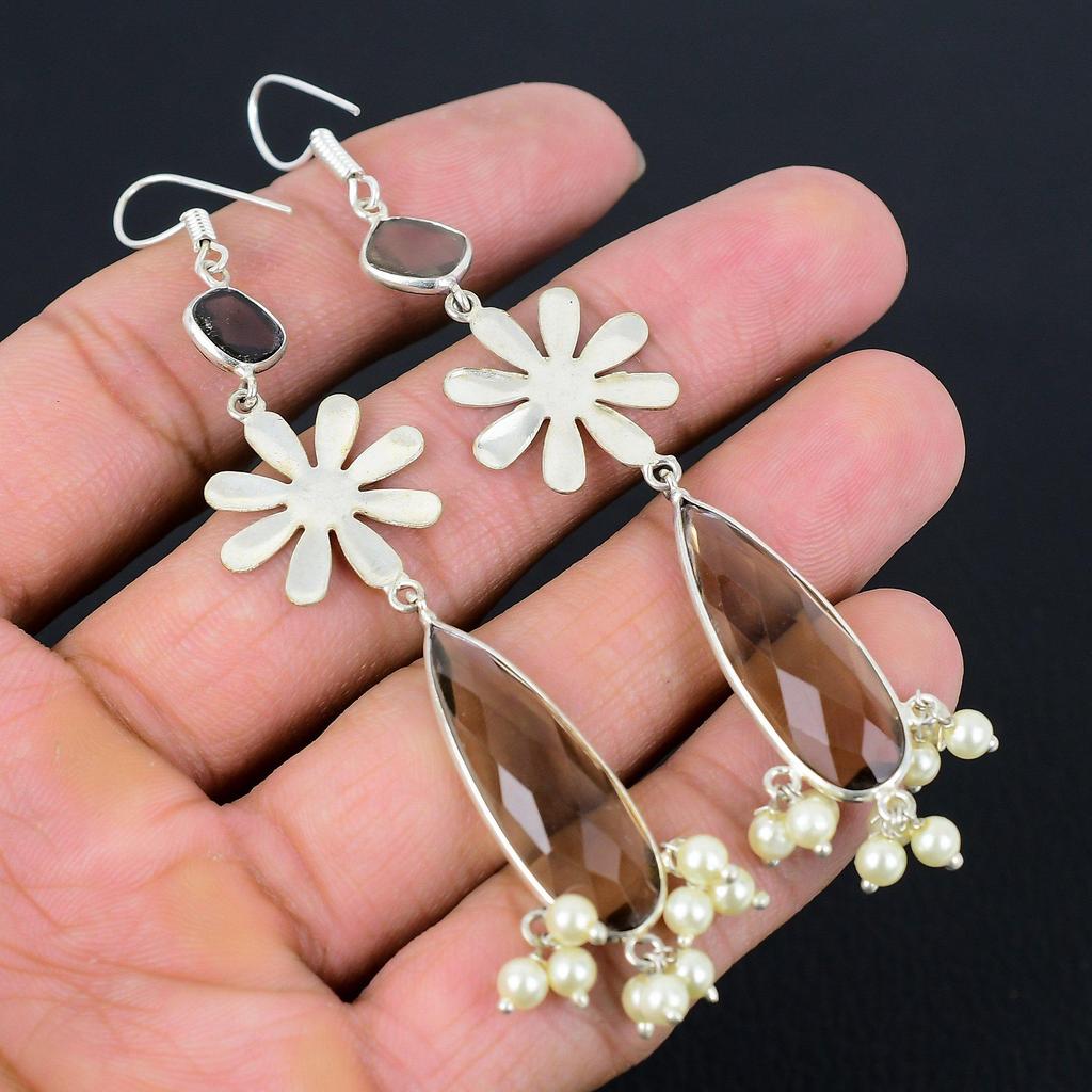 925 Silver Smokey Quartz Gemstone New Dangle Mother Root Chakra Wedding Earrings