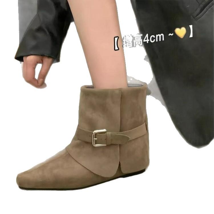 Beauty fashion French trousers short boots inner height increase rad belt buckle new short boots women's autumn pointed head khaki