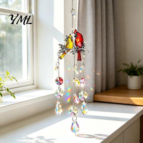 Birthday Gift for Decor Lover Cardinals Faux Crystals Suncatcher, Hanging Sun Catcher Windows, Bird Wind Crystal Suncatcher Windows Chimes with Chain,
