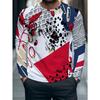 Long Sleeve Crew Neck Top | White with Red, Blue, Black Abstract Geometric Pattern | Casual Style, Regular Fit, Slight Stretch Fabric