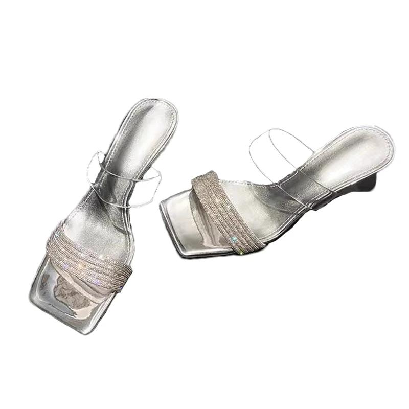 Fashion Crystal Mid Heels Women Slippers Designer Pvc Heeled Slides Woman Shoes 2025 Summer Sandals Pumps Sexy Shallow Chaussures Femme