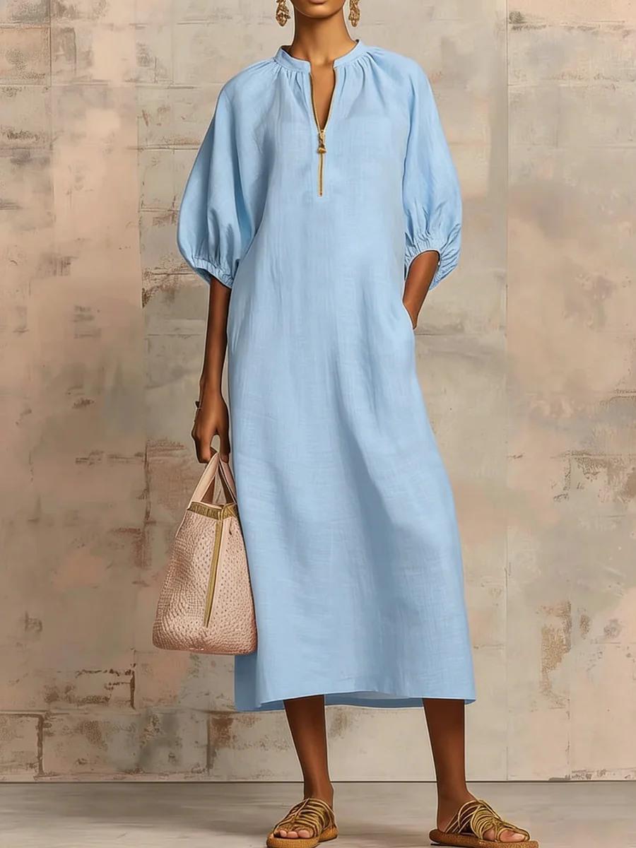 

Women s Cross-border Spring/Summer Puff Sleeve Dress - Solid Cotton Linen, Loose & Casual XXXL небо синє кольору