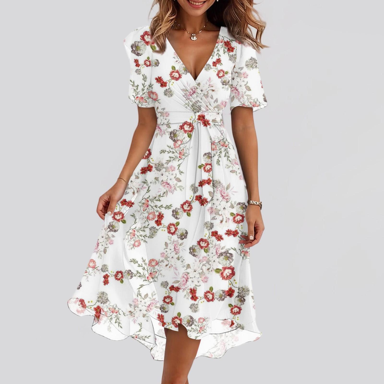

Short Sleeve Dress for Women Maxi Dresses for Women Spring Dresses for Women Floral Dress for Women V Neck Casual Style XL червоний