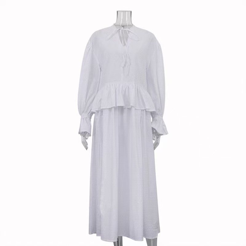 

Fashion New Arrival Fashion Ruffles Loose V Neck Tie-Neck Flared Sleeves Dress Flared Sleeve Dress White L