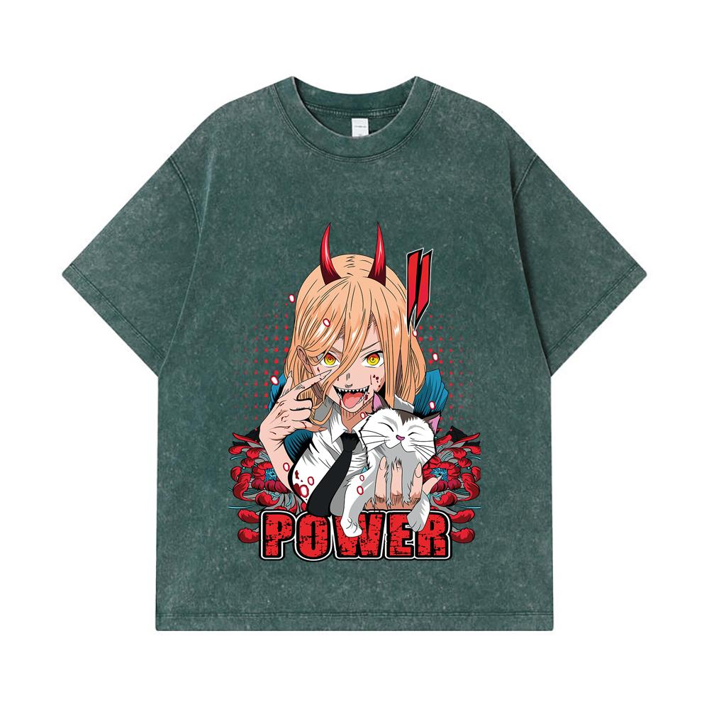 275 GSM Washed T-shirts 100% Cotton Chainsaw Man V51 Power Print Unisex Heavy Cotton T Shirt