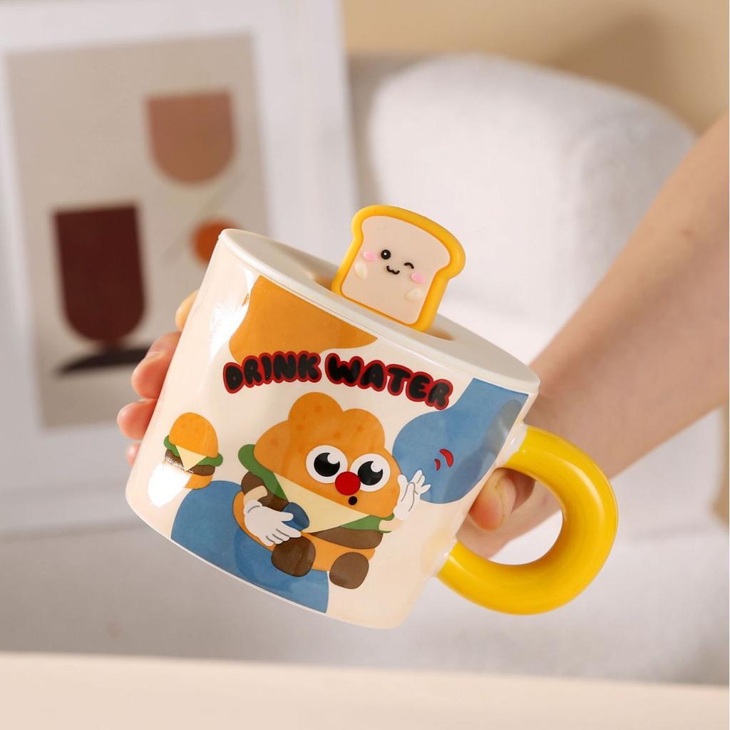Niedliche Keramiktasse Haushaltstasse mit Deckel Löffel Brot Wasserbecher Studentengeschenk Frühstück Milch Kaffee Tasse
