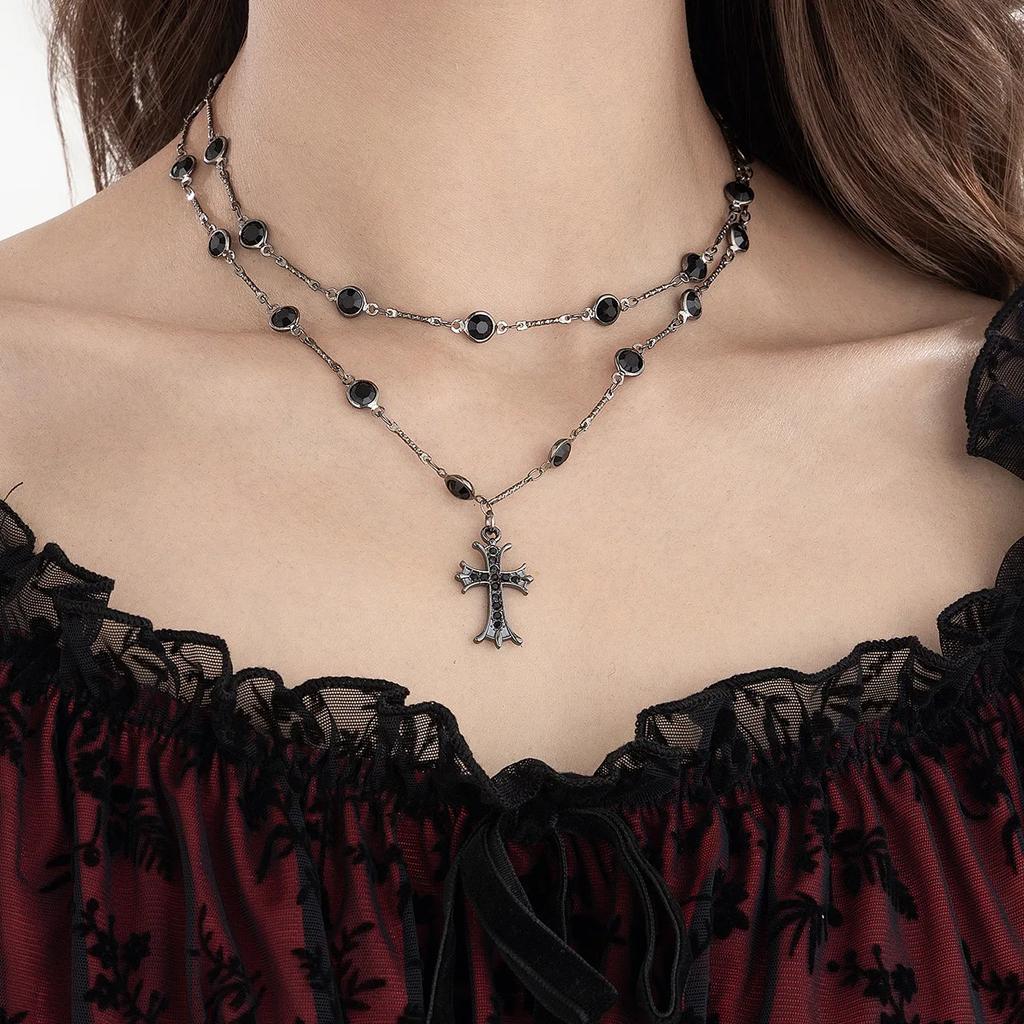 Dark Style Cross Double Layer Necklace Accessories for Women Halloween Personalized Alloy Hottie Clavicle Chain Jewelry Gifts
