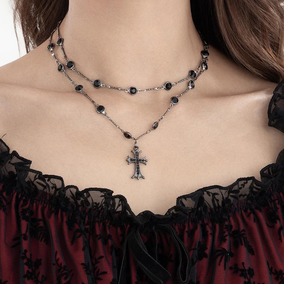 

Dark Style Cross Double Layer Necklace Accessories for Women Halloween Personalized Alloy Hottie Clavicle Chain Jewelry Gifts