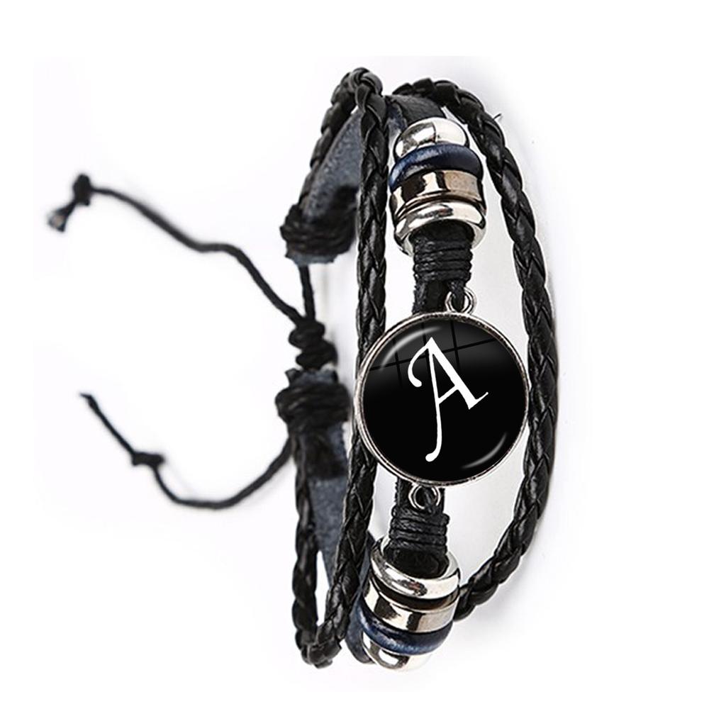Fashion Simple Initial Alphabet Men's Braided Leather Bracelet Punk Rock 26 Letters A-Z Glass Bracelet Jewelry Gift for Men