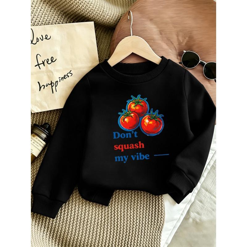 European sizes Cute Tomato Print Kids'  Lightweight Round Neck Sweatshirt, Comfortable Outdoor Wear Choice for 0-3 Year Old Kids