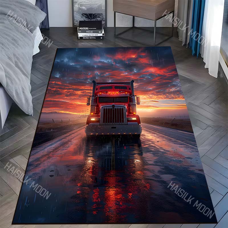 

1PC Red truck on rainy highway at dusk Carpet for Living Room Bedroom Sofa Home Decor Rus Non-slip Floor Mat Luxury Gift 40x60cm