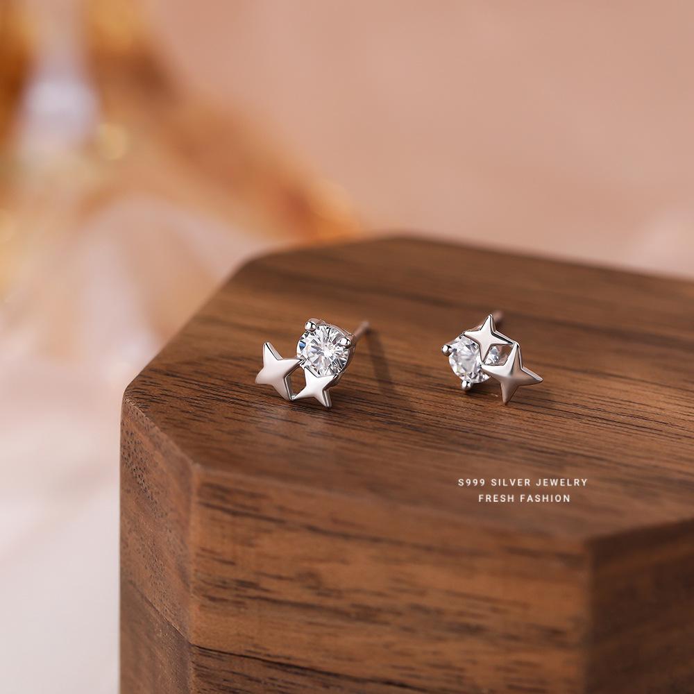 

Real 999 Sterling Silver Earring Exquisite Shiny Square CZ Star Stud Earrings For Women Fine Jewelry Gift серебряный