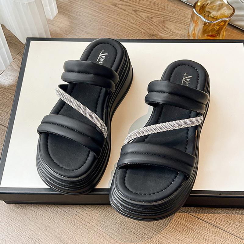 

Thick bottom heightening sandals women s summer new fashion rhinestones fashion going out temperament slippers 40 чорний