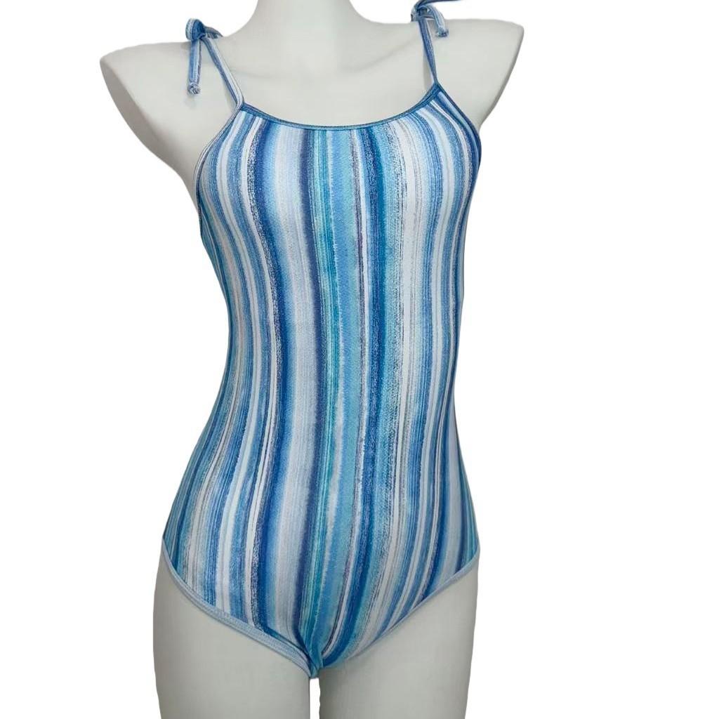Year one-piece small fresh stripe print suspender fashion swimsuit backless white and thin low split