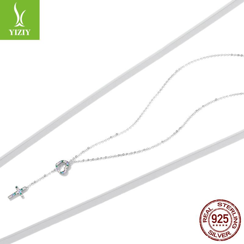S925 Sterling Silver Love Cross Necklace, Adjustable Platinum Plated Collarbone Chain Bsn244
