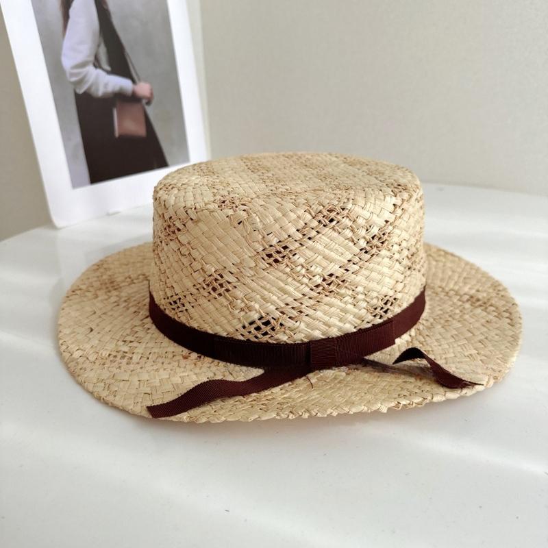 Bohemian Braided Satin Ribbon Flat Top Hat Summer Sun Protection Straw Hat French Country Shade Beach Hat Trendy