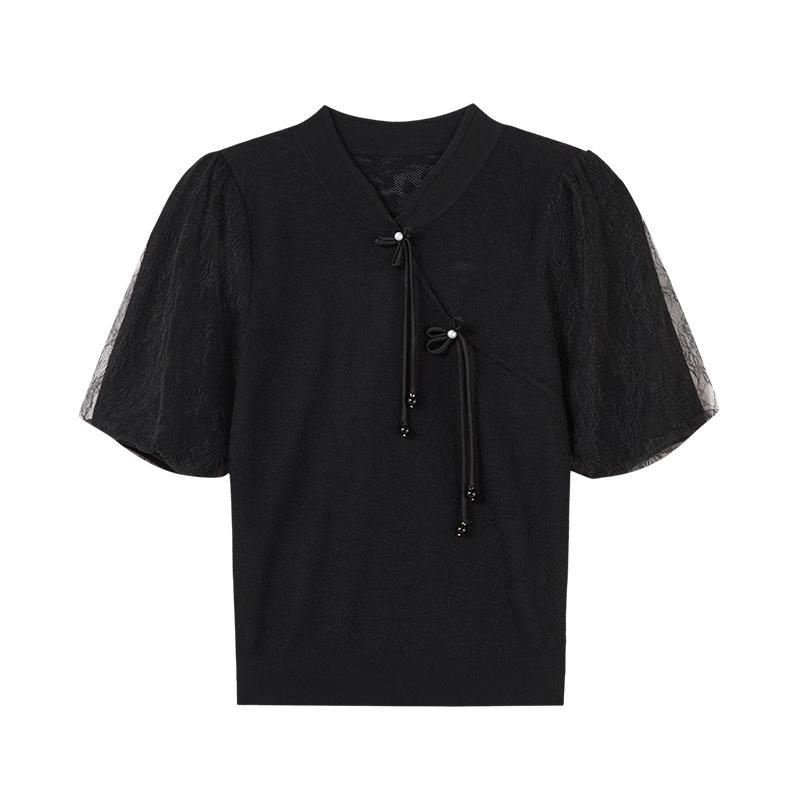 Women s Retro Guofeng Stand Collar Knit Top S