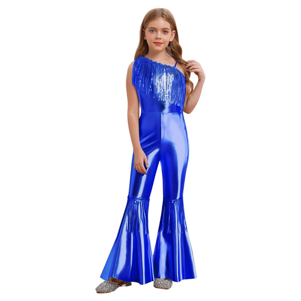Kids Sparkly Jumpsuit Off-shoulder Sleeveless Sequin Tassels Flared for Pageant Show
