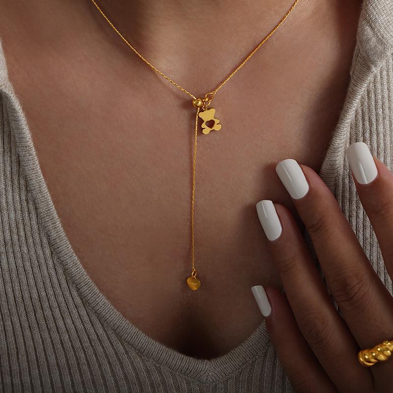 Nowy Wisiorek Niedźwiedź Naszyjnik Serce Dla Kobiet Stal Nierdzewna Pozłacany Łańcuszek Modny Szyja Cyrkon Akcesoria Impreza Prezent Wyprzedaż