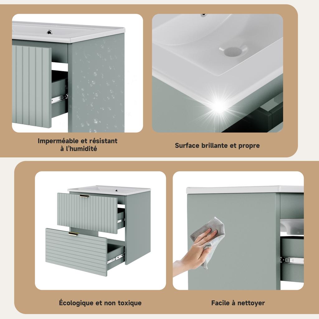 61*46*57cm Wall-Hung Washstand, MDF Fully Lacquered, Two Silent Drawers, Structured Drawer Fronts, Integrated Washbasin, Mint Green
