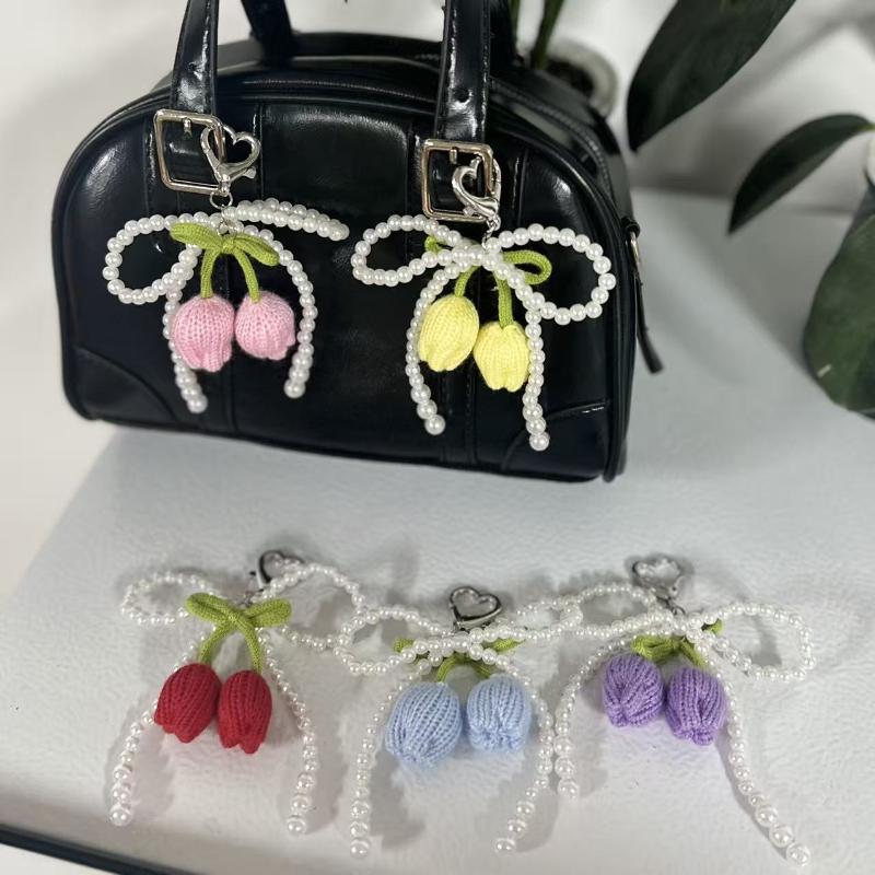 Svěží Sladký Pletený Tulipán Korálkový Mašličkový Přívěsek na Klíče Y2K Sladký Mašličkový Kroužek na Klíče Přívěsek Držák na Klíče od Auta Dekorace na Zavěšení na Tašku Dárky