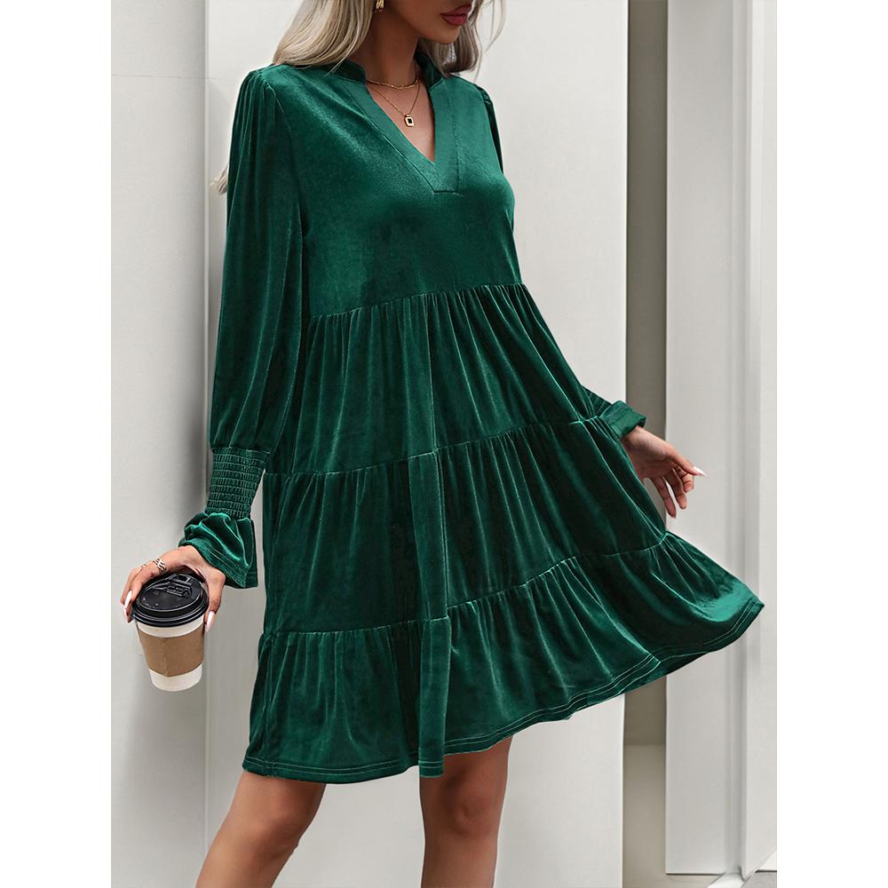Women's Casual V Neck Long Sleeve Velvet Dress Fall Babydoll Dress Flowy Cocktail Wedding Party Shift Dresses