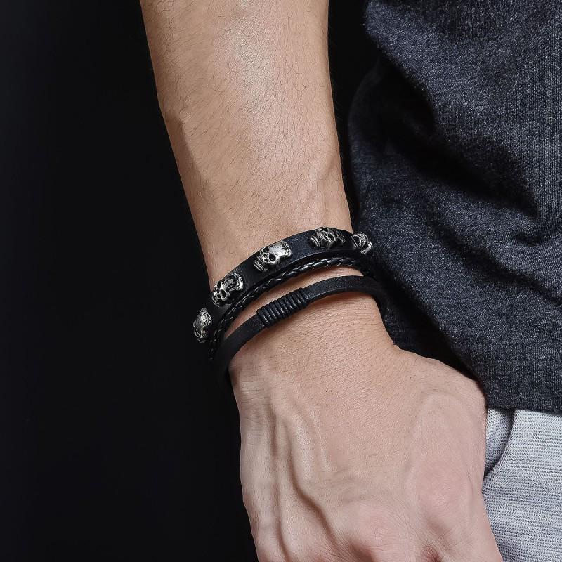 Mens Vintage Skull Leather Bracelet With Stainless Steel Clasp Handmade Braided Calfskin Wristband Biker Punk Style