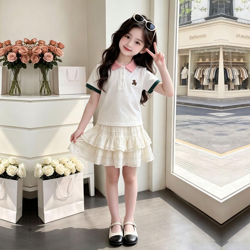 Summer Colorblock Polo Top and Ruffled Tiered Dress Set for Kids