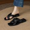 Fashion New Summer Slippers Genuine Leather Sandals Square Toe Shoes for Women Fashion Concise Low Heels Slippers Handmade Apricot