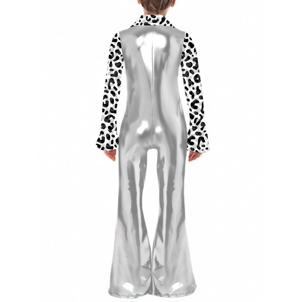 Boys Disco Costume Patchwork Printed Design Shiny Metallic Lapel Collar Long Flare Sleeve Bell Bottomed Pants Jumpsuit