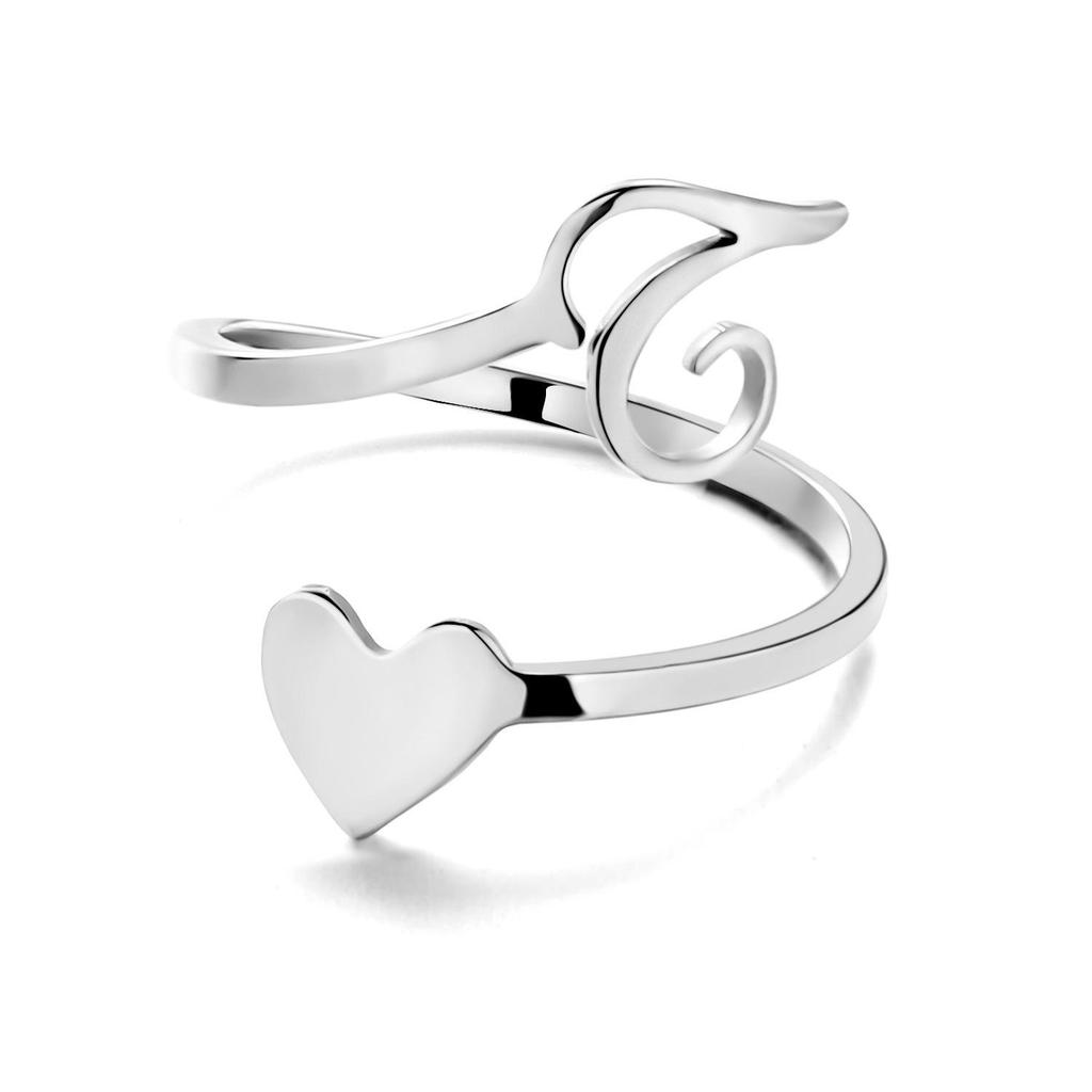 Stainless Steel Heart-Shaped Initial Ring for Women - Fashionable, Adjustable, In Stock