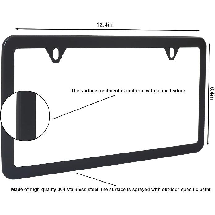 2PCS Premium Matte Black License Plate Frames, 2 Holes Solid Rust-Free Stainless Steel, Rattle-Free Heavy Duty License Plate Bracket Holder,