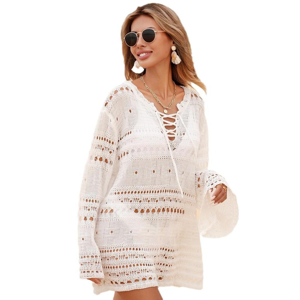 שמלת חוף קיצית לנשים עם שרוולי פעמון חלולים וטקסטורה