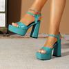 Green thick heel square head waterproof table summer new open toe large size thick sole super high heel sandals women's shoes