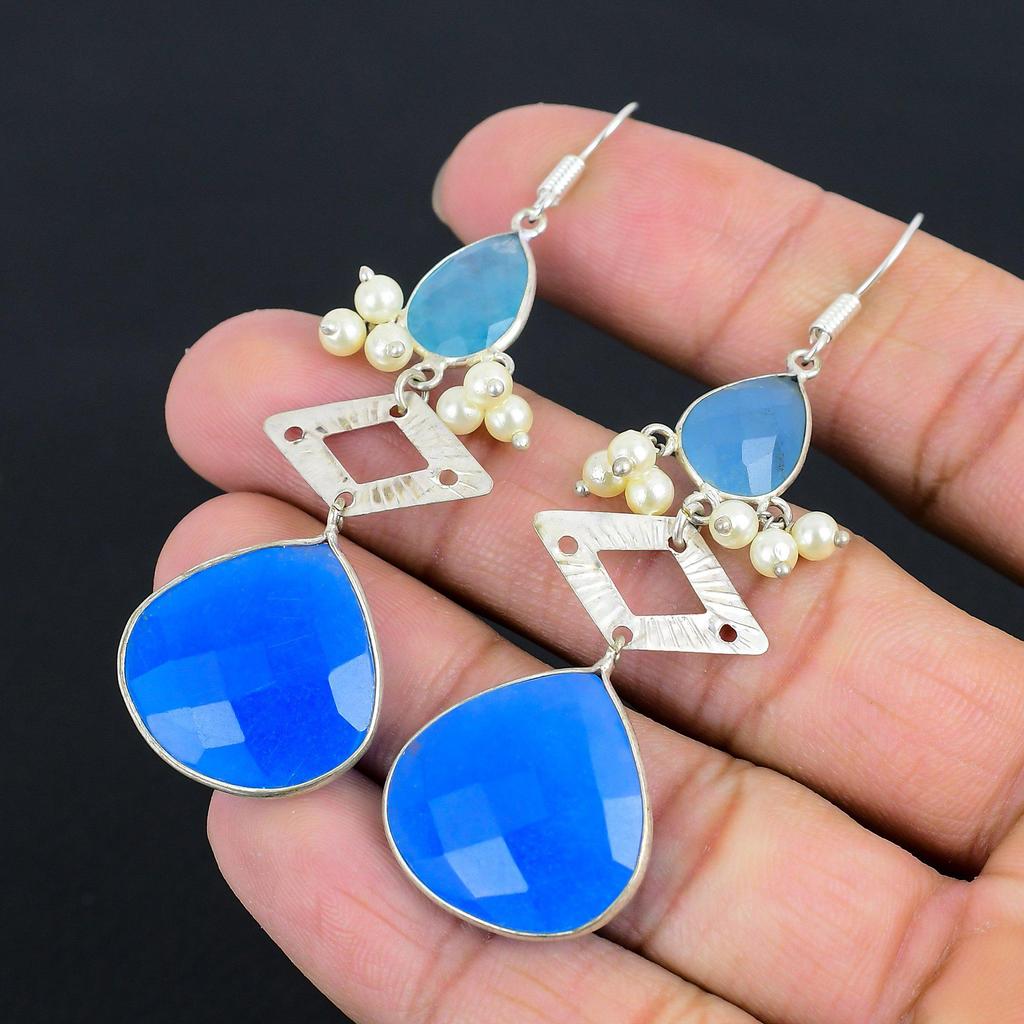 Wedding Gift For Her 925 Silver Natural Blue Saphire Drop/Dangle Earrings