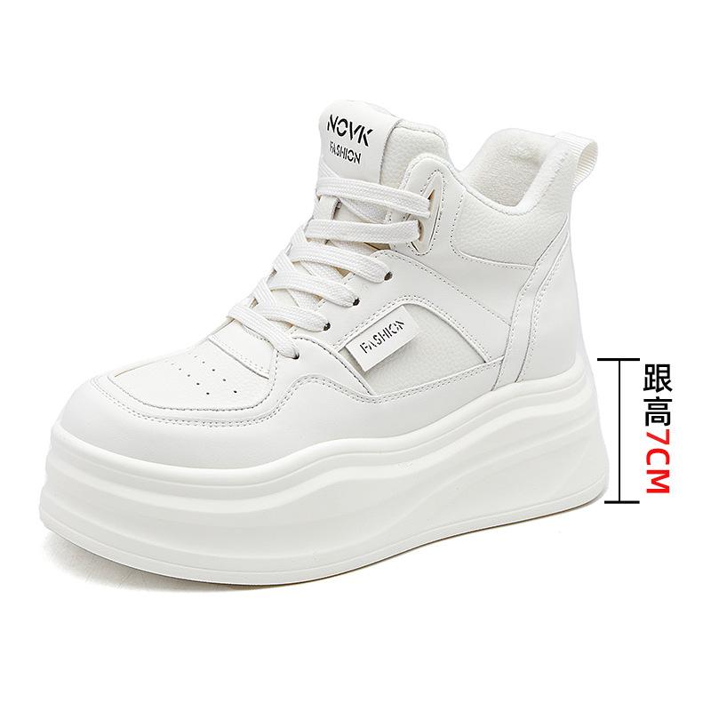 

2025 autumn and winter new leather women s shoes thick-soled inner height increase casual high-top white shoes children s versatile flat shoes 34