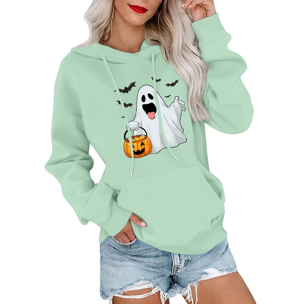 Dámský módní, ležérní, pohodlný svetr s kulatým výstřihem, s kapucí, s dlouhým rukávem, s halloweenským potiskem, hřejivý