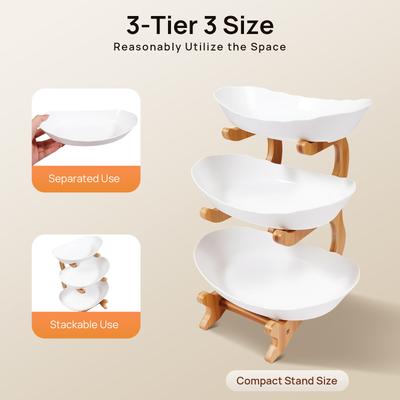 3-Tier Plastic Serving Bowls, Large White Fruit Tray with Bamboo Stand, Multi-Purpose Snack Dessert Cake Plate for Party Wedding