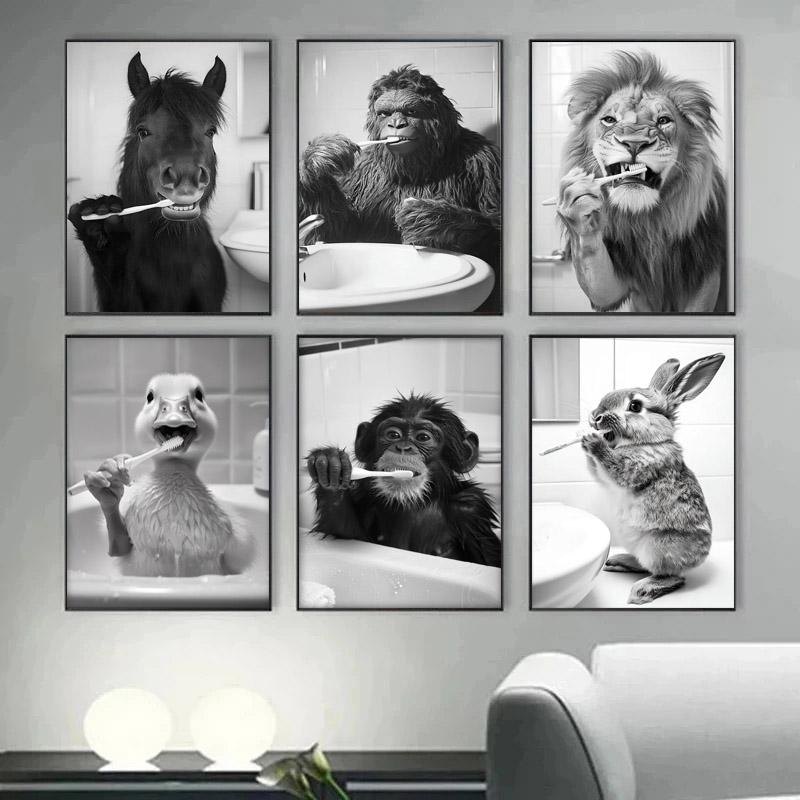 Zähneputzen Tierkunst Poster Löwe Affe Pferd Kaninchen Hund Katze Adler Lustige Badezimmer Wandaufkleber Badezimmertiere Hausdekoration