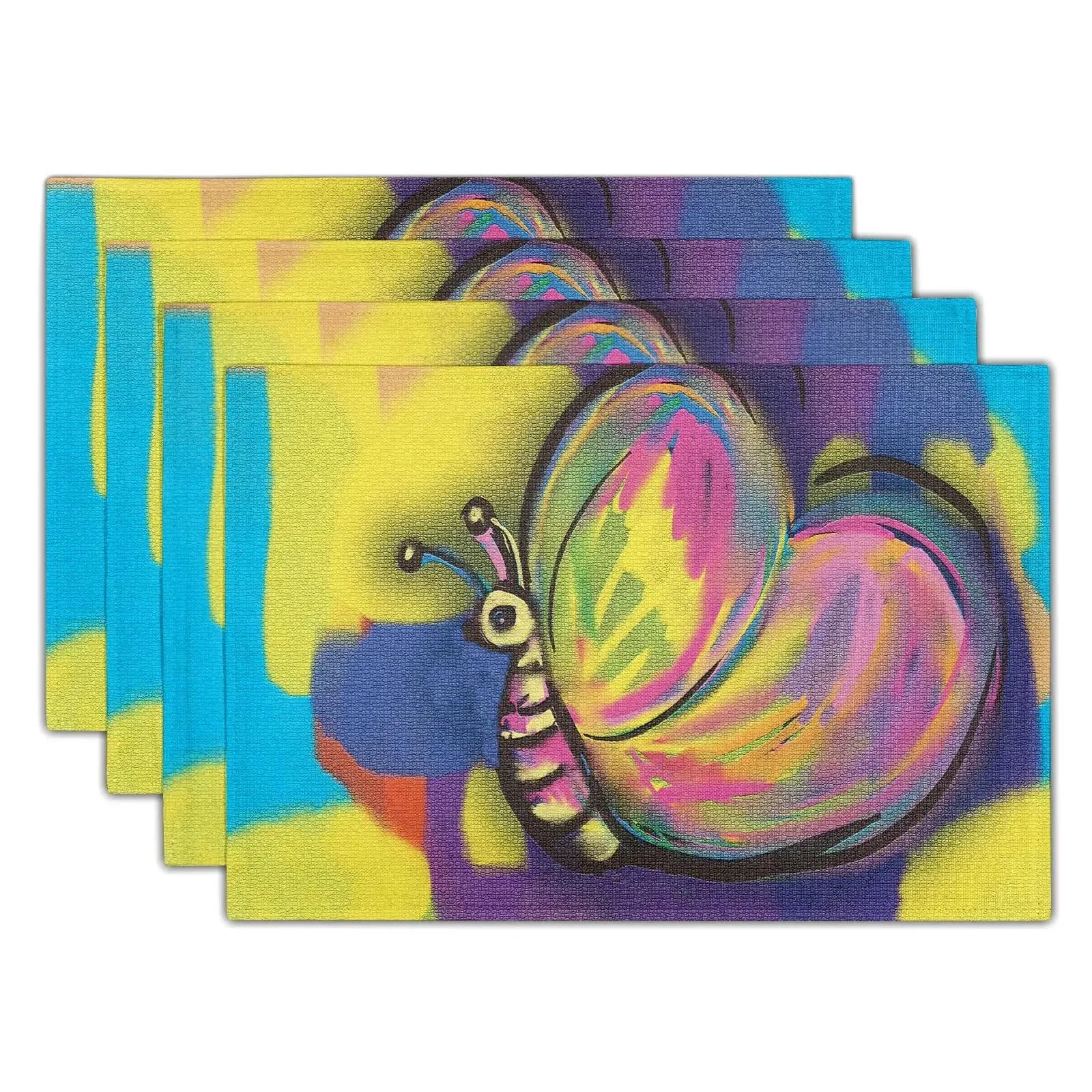 

4PC Flowers Butterfly Table Pad Entomology Watercolor Table Mats Rectangle Durable Placemat Heat Insulation Burlap Kitchen Mat 30x45cm-4PC