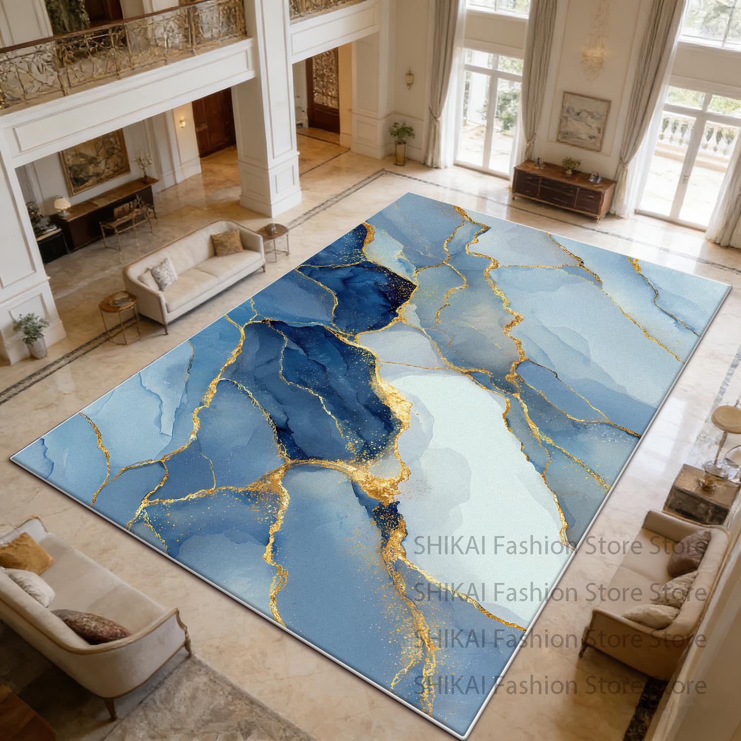 

Blue Gold Marble Style Large Living Room Carpet Decoration Home Antiskid Fluffy Luxury Rug Easy Clean Short Velvet Floor Mats 60x90cm