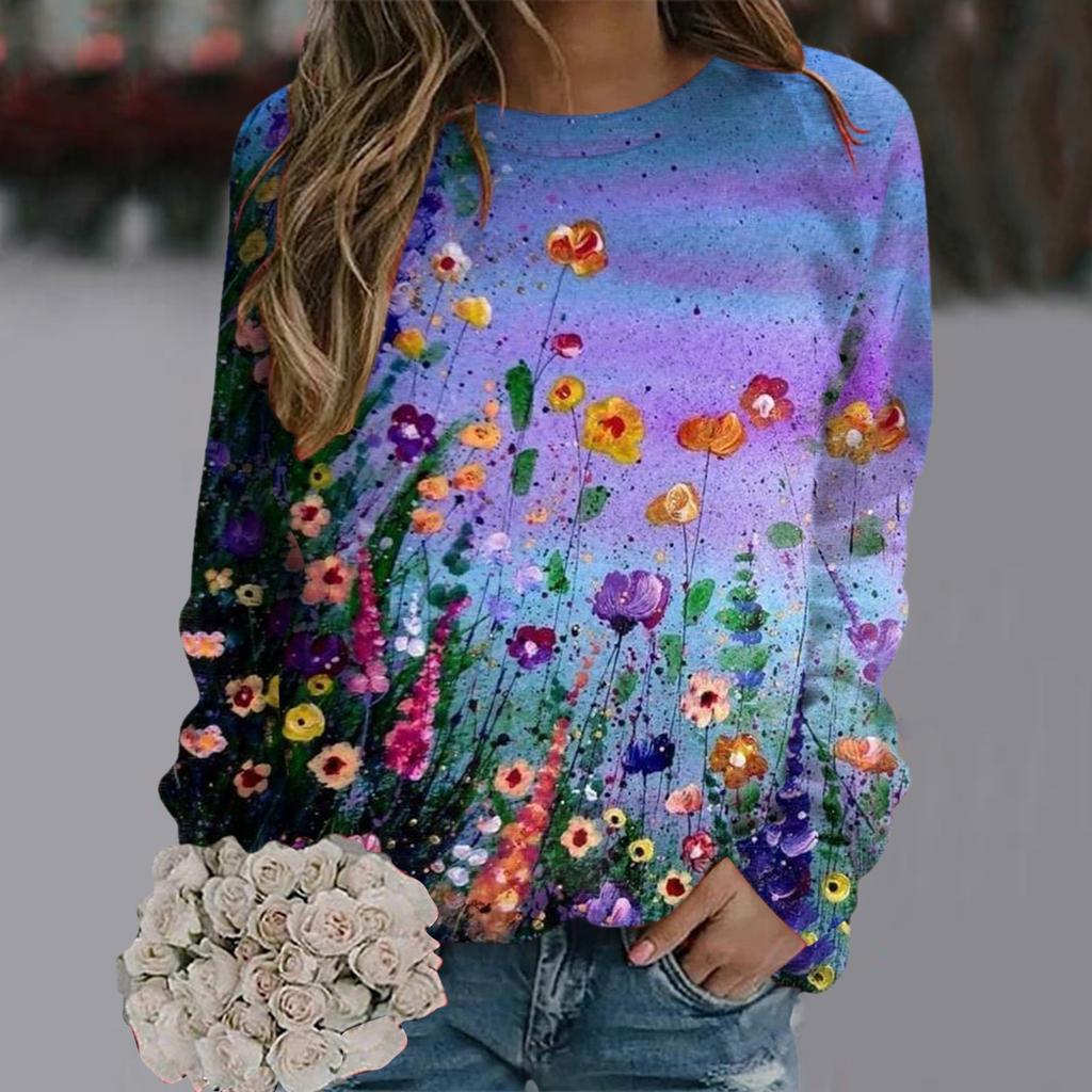Fashionable Retro 3D Floral Print Women's Casual Round Neck Long Sleeved T-shirt