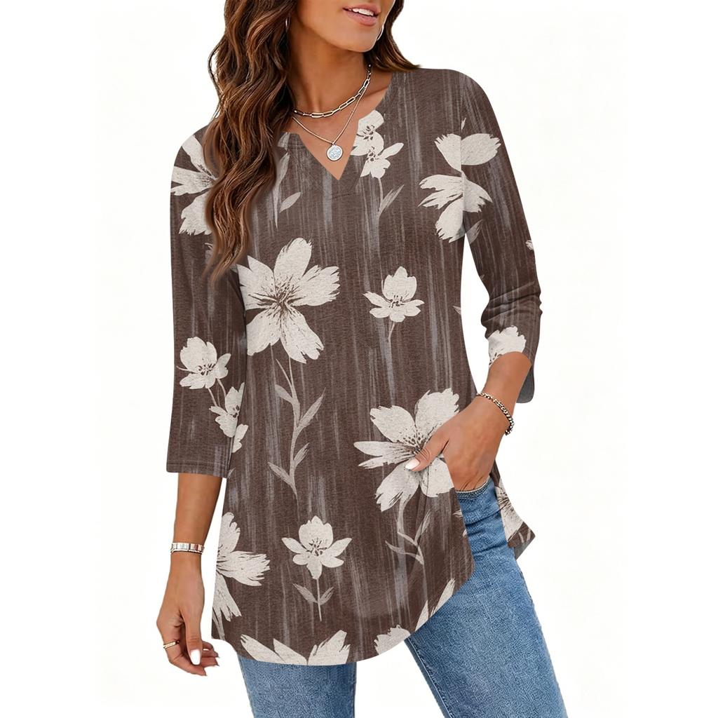 Women's Casual V Neck 3/4 Sleeve Pullover Tunic Top Floral Print Mid Length Blouse Lightweight Soft Fabric