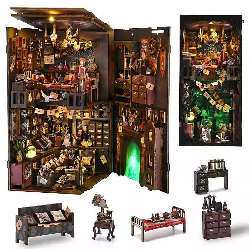 DIY Book Nook Kit Magic House Wooden 3D Puzzle Bookshelf Insert Decor Dollhouse Model Bookend Building Home Decoration Gifts