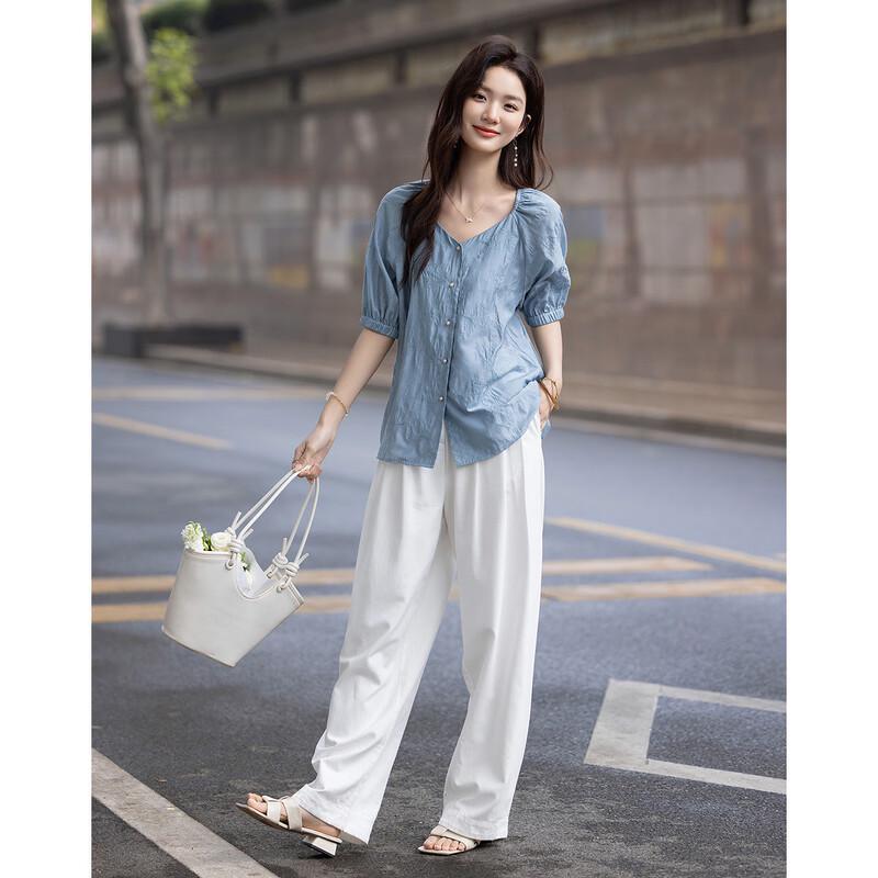 Demana Women's Embroidered V-Neck Mid-Sleeve Blouse