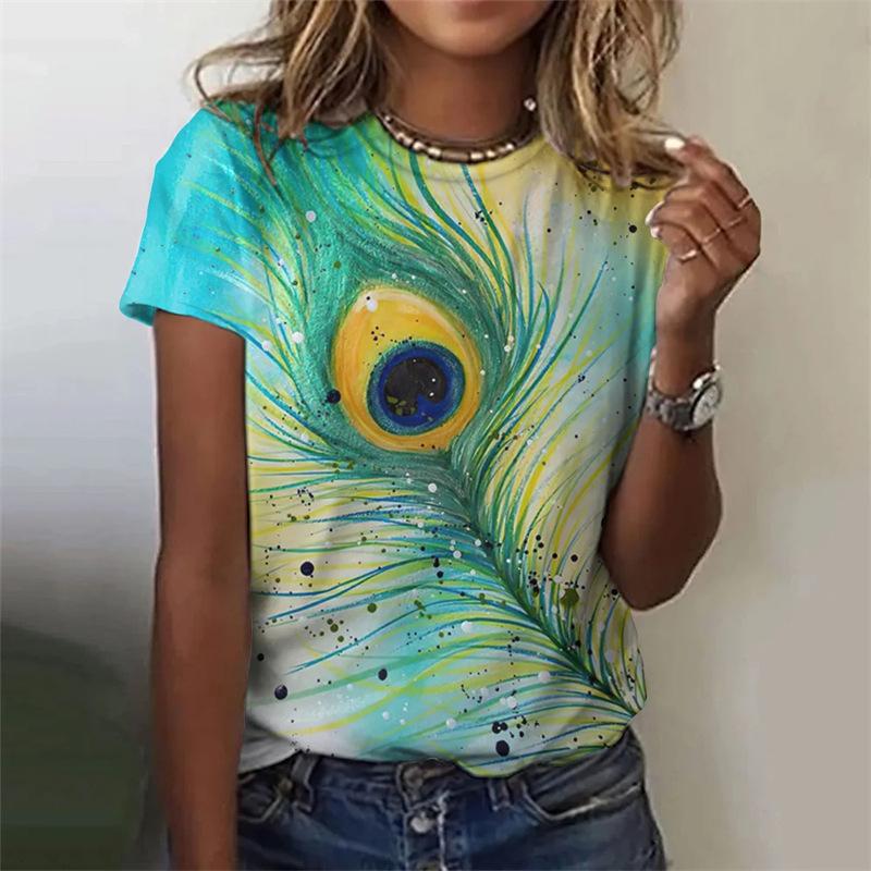 Feather Short Sleeved T-shirt 3D Printed Clothing Animal Art Women's T-shirt