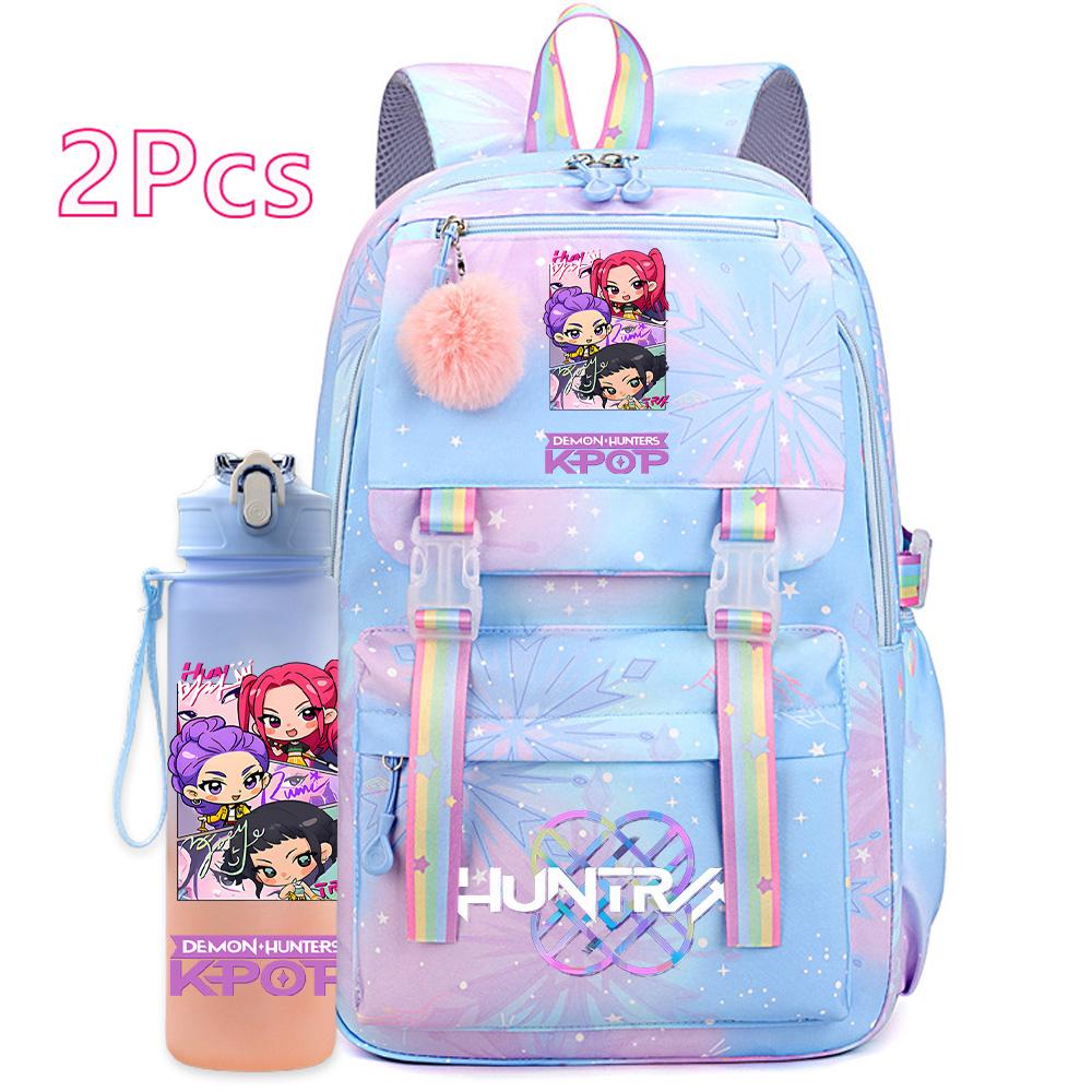2Pcs/set Cute K-Pop Demon Hunters Printed Backpack with 750Ml Water Bottler for Teenager Student Girl Boy Large Capacity Waterproof Bookbag Travel Bag
