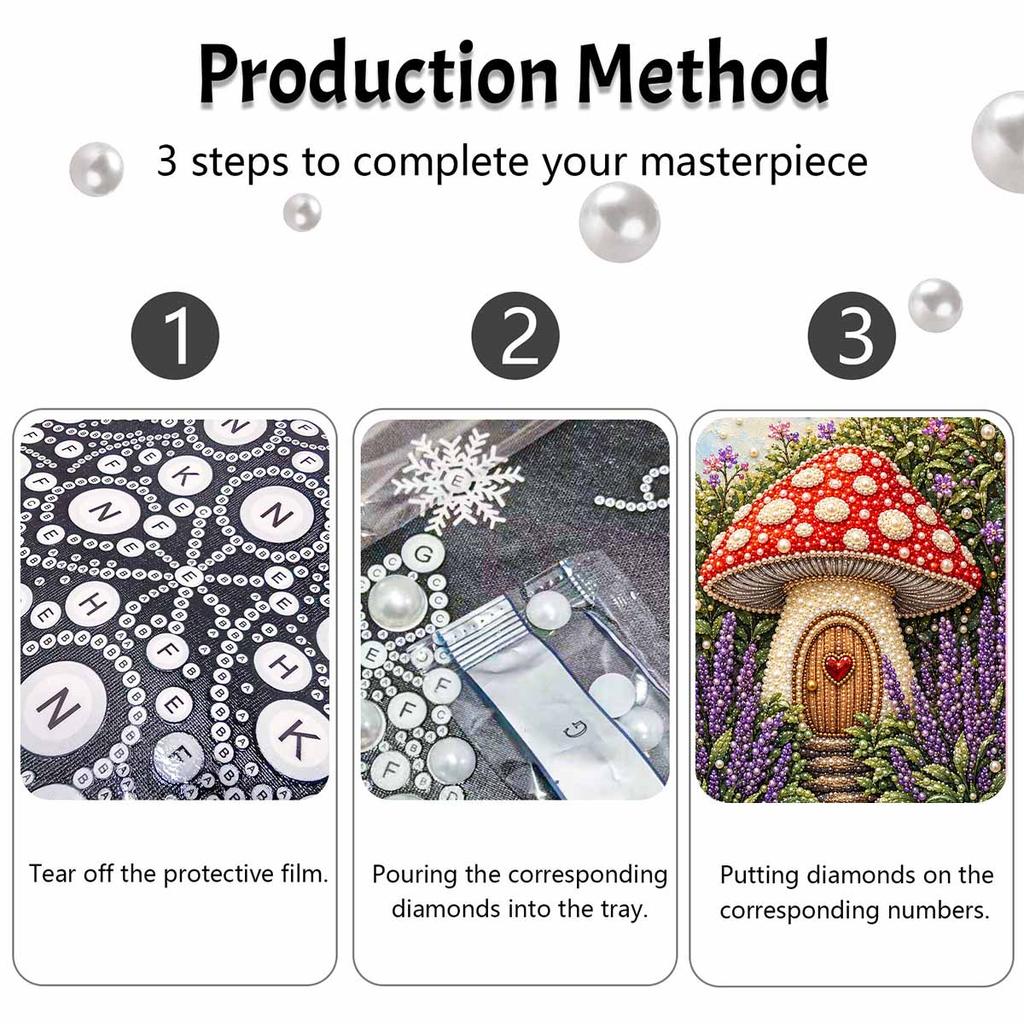 Mushroom House Pearl Art Kit with Frame 3D Sparkling Bead Canvas Relaxing Craft for Cozy Room Wall Decor and Creative DIY Art Projects